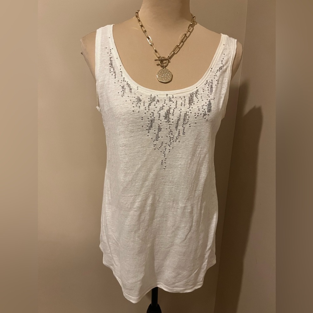 Eileen Fisher Linen White Sleeveless Top with Silver Beaded Accents, size PM